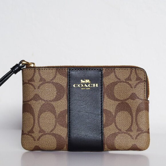 Coach Corner Zip Wristlet In Signature Canvas With Stripe NWOT - Picture 1 of 11